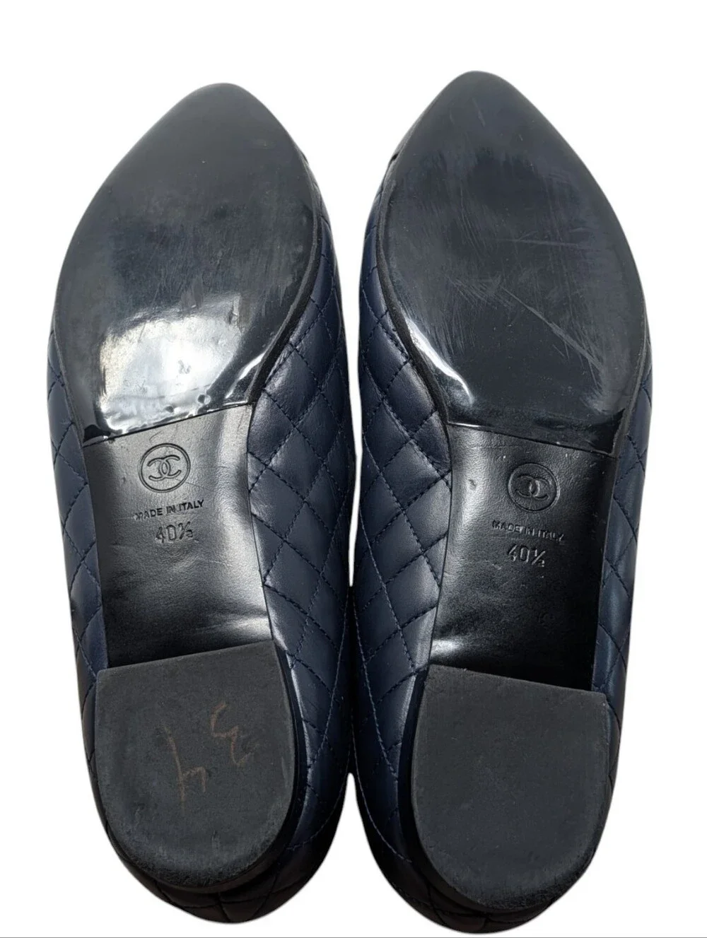 Chanel Navy Blue Quilted Cap Toe Camellia Charm Ballerina Flat Size EU 40.5